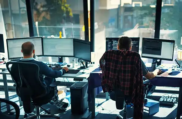 Two people working in an office environment, sitting at desks in front of multiple computer screens.